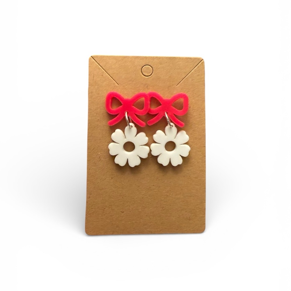 Charming Pink and White Bow Flower Earrings Spring